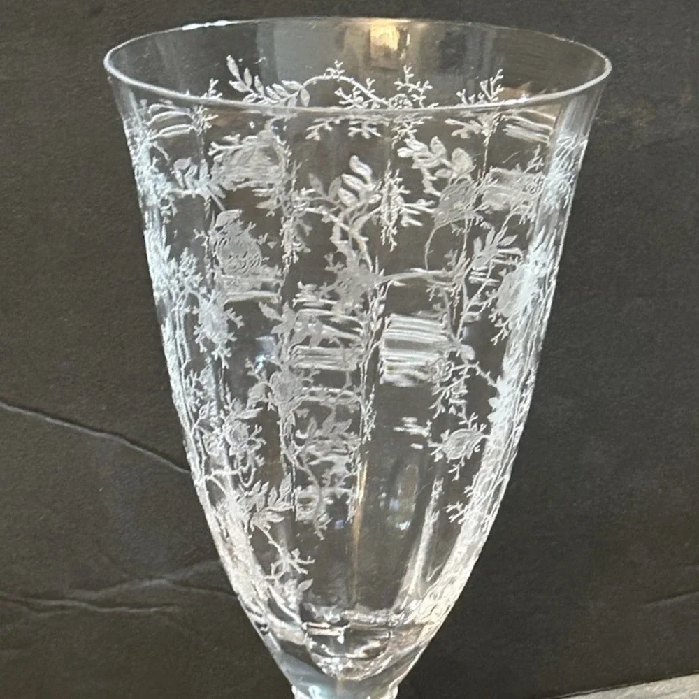 Fostoria Chintz Baroque Etched Floral Clear Glass Footed Water Goblet Stemware